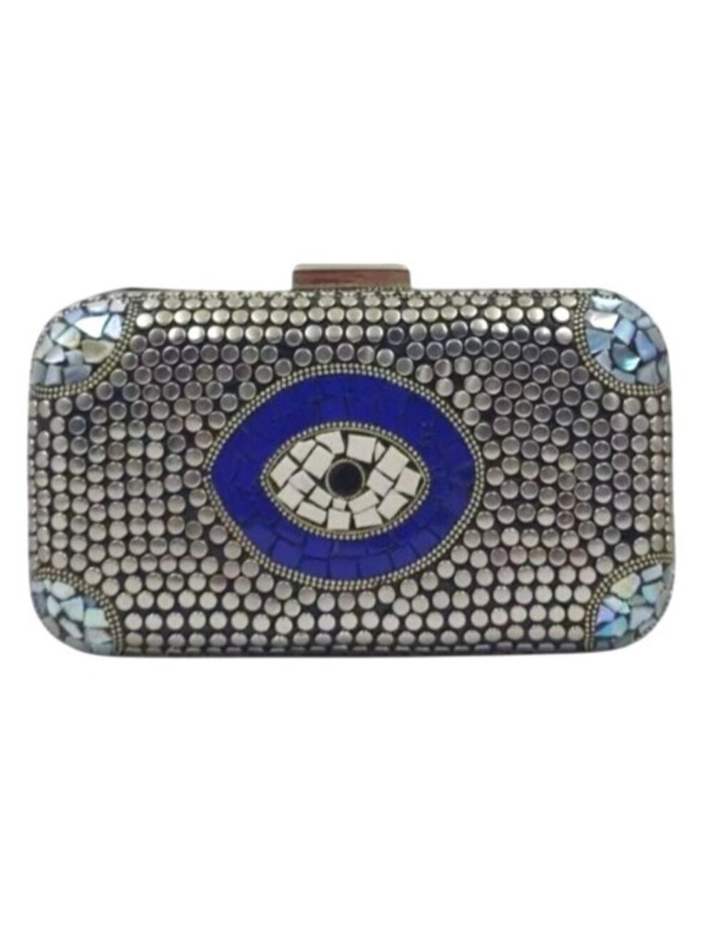 Evil Eye Mosaic Metal Clutch Handmade In Morocco By Ramla Artisan Silver & Blue